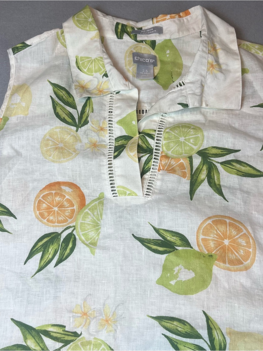 Chicos 100% Linen Sleeveless 14 L 2.5 Citrus Fruit Lemon Lime Orange Cottagecore - Picture 2 of 5